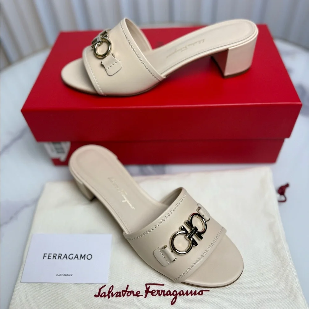 Salvatore Ferragamo‎ Rhodes Bone Calf Leather Slide Mule Heels 4cm Italy 6.5C
